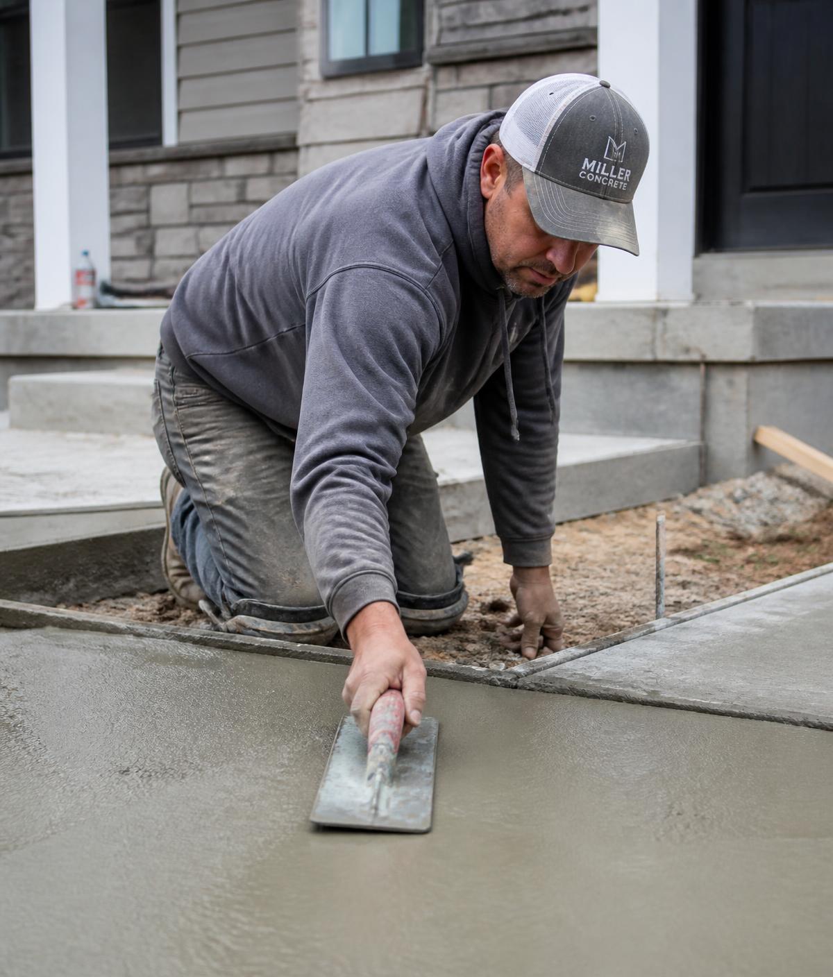Owner of A and N Concrete hand-finishing a fresh slab on a jobsite